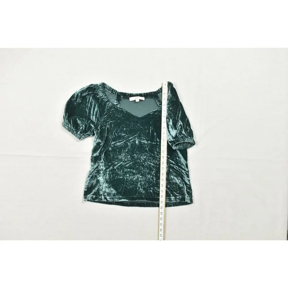 LOFT Women's XS Green Crushed Velvet Puff Sleeve Square Neck Blouse Top